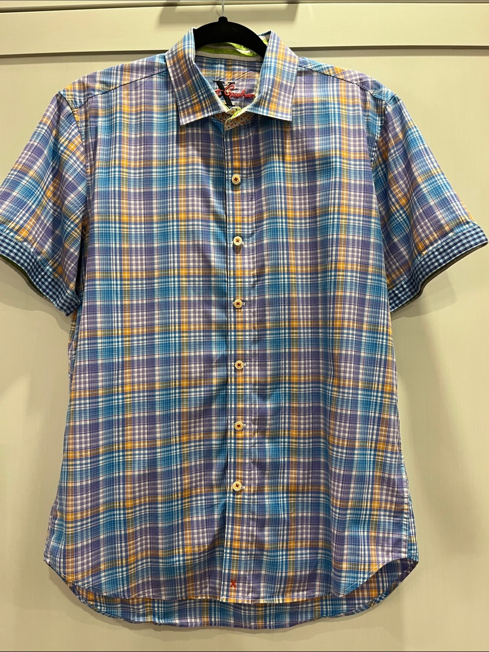 Robert Graham Short-Sleeve Plaid Button-Up Shirt Blue & Orange w contrast cuff